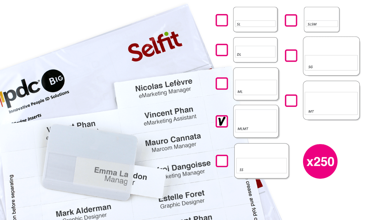 Pack de 250 Inserts pour Badge Selfit® Megatag, 75 x 36 mm