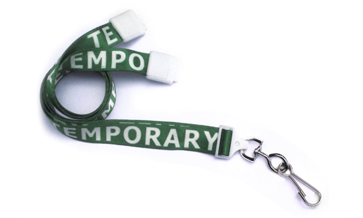 Tours de cou satin 16mm pré-imprimés "TEMPORARY" avec mousqueton rotatif en métal