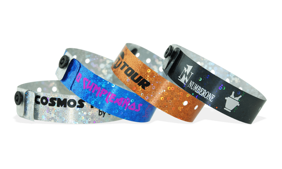 Bracelets holographiques, 19 mm, motif "paillettes", impression 1 couleur