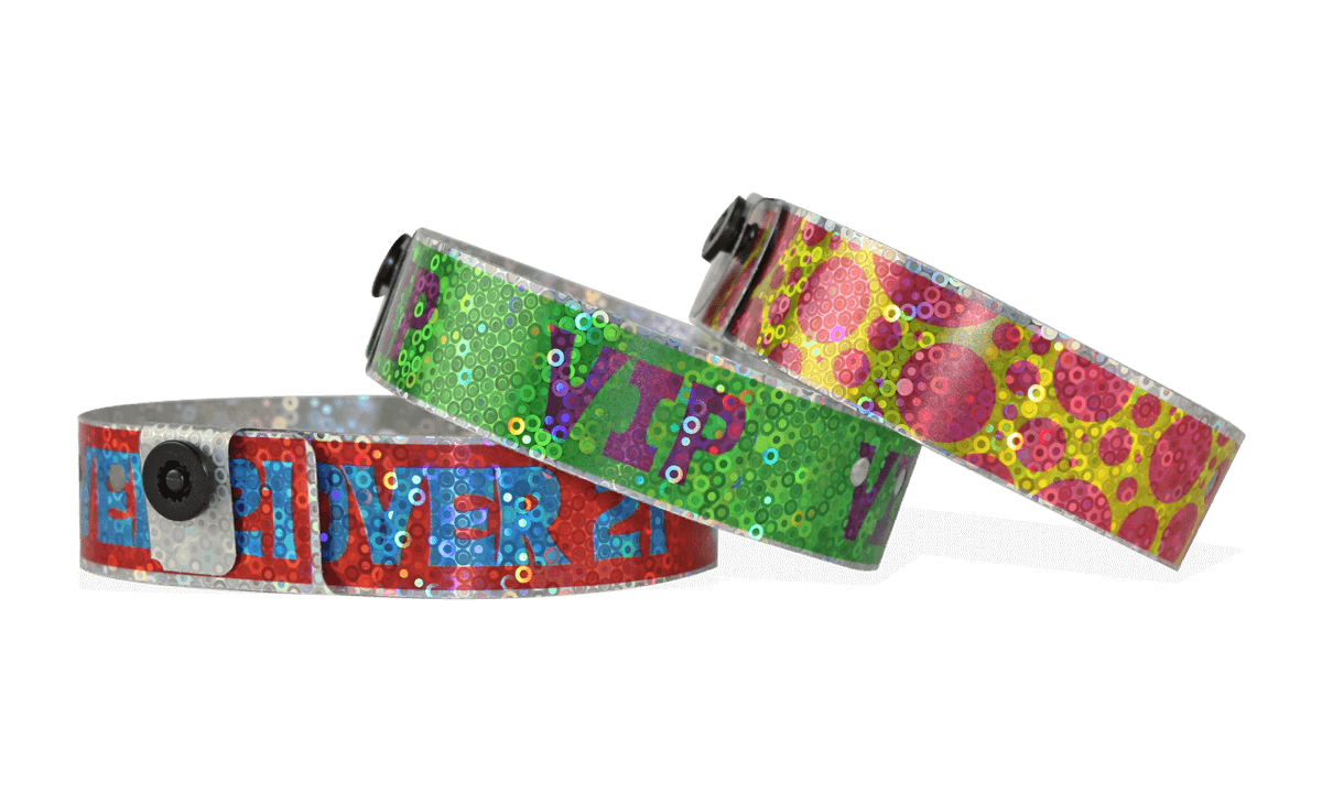 Bracelets holographiques, 19 mm, motif "paillettes", impression en couleurs