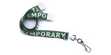 Tours de cou satin 16mm pré-imprimés "TEMPORARY" avec mousqueton rotatif en métal